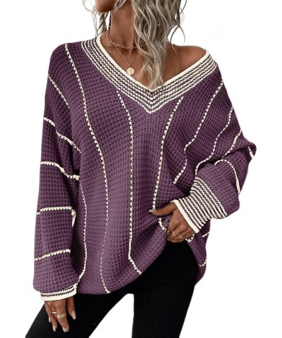 Womens Oversized Striped Tunic Long Sleeve Sweaters Casual V Neck Color Block Knit Pullover Jumper Tops Purple 2 $18.06 Sweaters