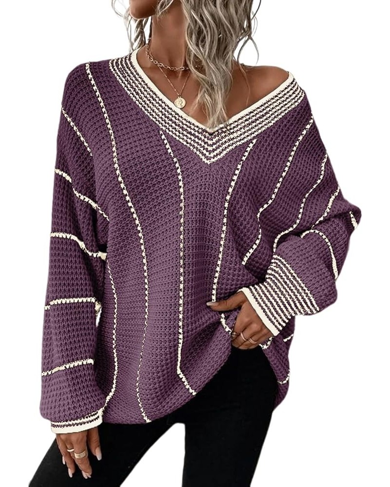 Womens Oversized Striped Tunic Long Sleeve Sweaters Casual V Neck Color Block Knit Pullover Jumper Tops Purple 2 $18.06 Sweaters