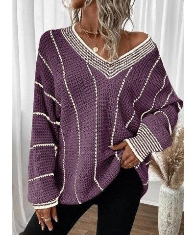 Womens Oversized Striped Tunic Long Sleeve Sweaters Casual V Neck Color Block Knit Pullover Jumper Tops Purple 2 $18.06 Sweaters