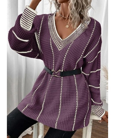 Womens Oversized Striped Tunic Long Sleeve Sweaters Casual V Neck Color Block Knit Pullover Jumper Tops Purple 2 $18.06 Sweaters