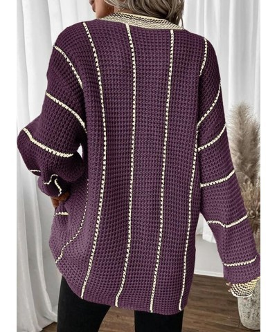 Womens Oversized Striped Tunic Long Sleeve Sweaters Casual V Neck Color Block Knit Pullover Jumper Tops Purple 2 $18.06 Sweaters