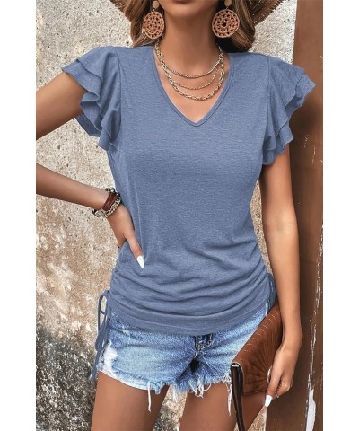 Womens Summer Tops 2024 Ruffle Short Sleeve Side Tie Drawstring V Neck T-Shirts Solid Color Casual Tunic Blouses Shirts Grey ...