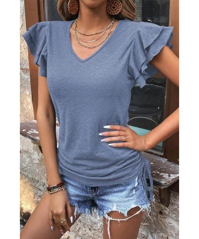 Womens Summer Tops 2024 Ruffle Short Sleeve Side Tie Drawstring V Neck T-Shirts Solid Color Casual Tunic Blouses Shirts Grey ...