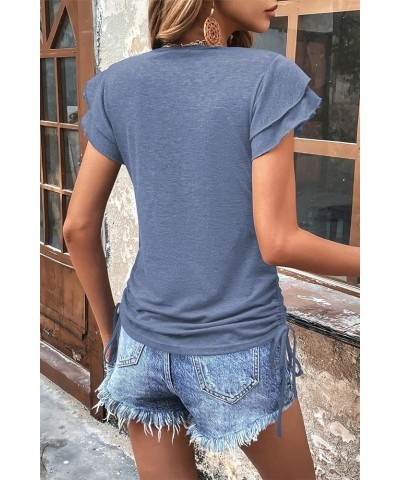 Womens Summer Tops 2024 Ruffle Short Sleeve Side Tie Drawstring V Neck T-Shirts Solid Color Casual Tunic Blouses Shirts Grey ...