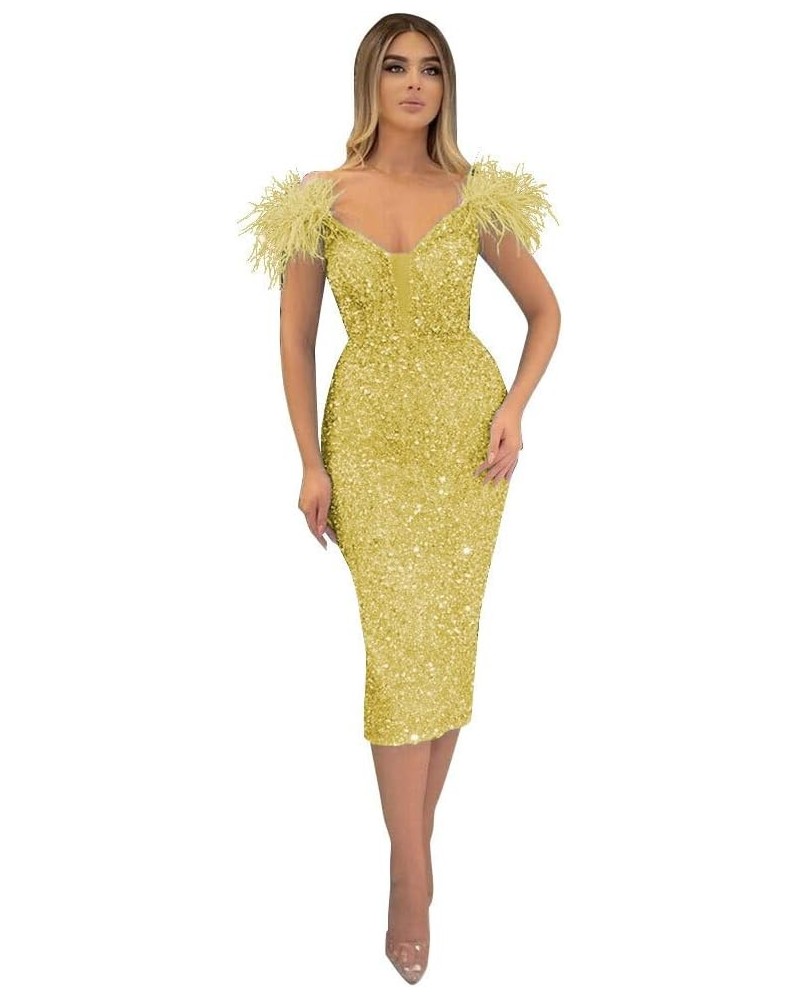 Women's Feather Sequin Prom Dresses Off Shoulder Tea Length Mermaid Cocktail Party Dress PE153 Gold $26.88 Dresses