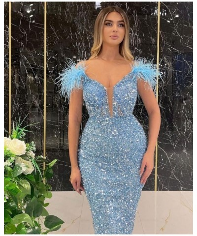 Women's Feather Sequin Prom Dresses Off Shoulder Tea Length Mermaid Cocktail Party Dress PE153 Gold $26.88 Dresses