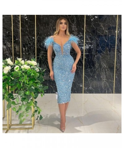 Women's Feather Sequin Prom Dresses Off Shoulder Tea Length Mermaid Cocktail Party Dress PE153 Gold $26.88 Dresses