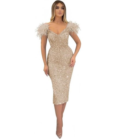 Women's Feather Sequin Prom Dresses Off Shoulder Tea Length Mermaid Cocktail Party Dress PE153 Gold $26.88 Dresses