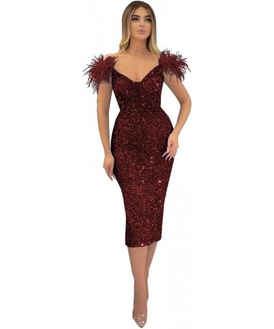 Women's Feather Sequin Prom Dresses Off Shoulder Tea Length Mermaid Cocktail Party Dress PE153 Gold $26.88 Dresses