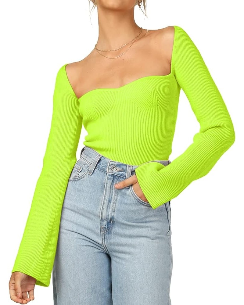 Womens Sweater Tops Sweetheart Neck Ribbed Bustier Corset Knit Long Sleeve Pullover Sweater Top Lemon $14.62 Sweaters