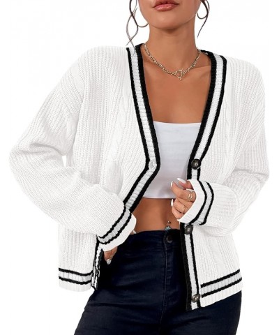 Womens Open Front Cardigan Button Down Striped Sweater Casual Loose Fitting V Neck Knit Coat White $16.81 Sweaters