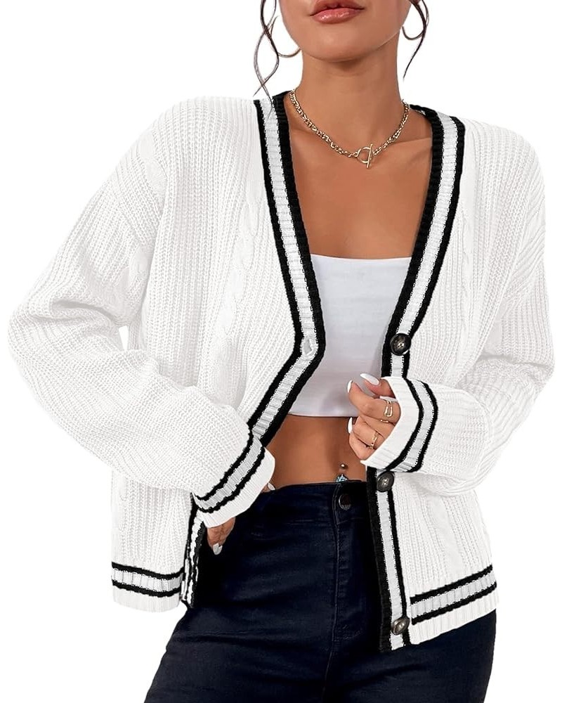 Womens Open Front Cardigan Button Down Striped Sweater Casual Loose Fitting V Neck Knit Coat White $16.81 Sweaters