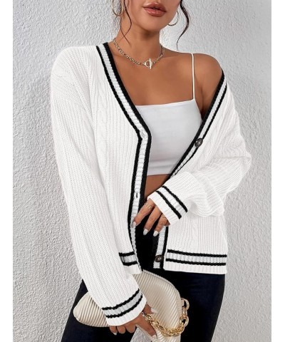 Womens Open Front Cardigan Button Down Striped Sweater Casual Loose Fitting V Neck Knit Coat White $16.81 Sweaters