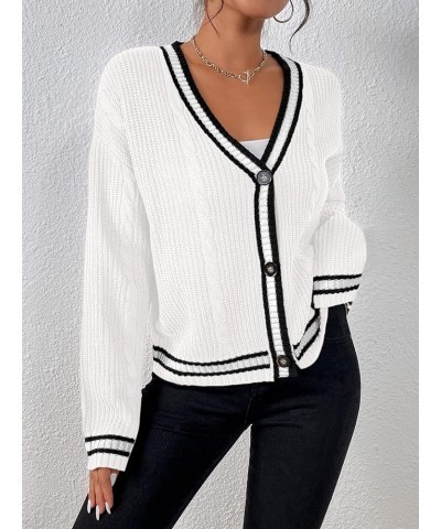 Womens Open Front Cardigan Button Down Striped Sweater Casual Loose Fitting V Neck Knit Coat White $16.81 Sweaters