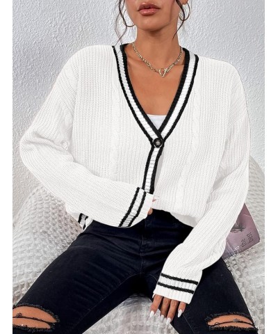 Womens Open Front Cardigan Button Down Striped Sweater Casual Loose Fitting V Neck Knit Coat White $16.81 Sweaters