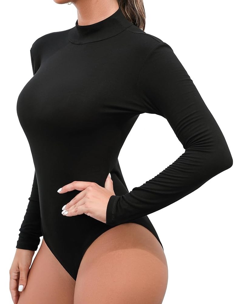 Women's Mock Turtleneck Long Sleeves Bodysuit Basic Ribbed Shirts Top Black $13.10 Bodysuits