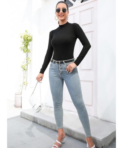 Women's Mock Turtleneck Long Sleeves Bodysuit Basic Ribbed Shirts Top Black $13.10 Bodysuits