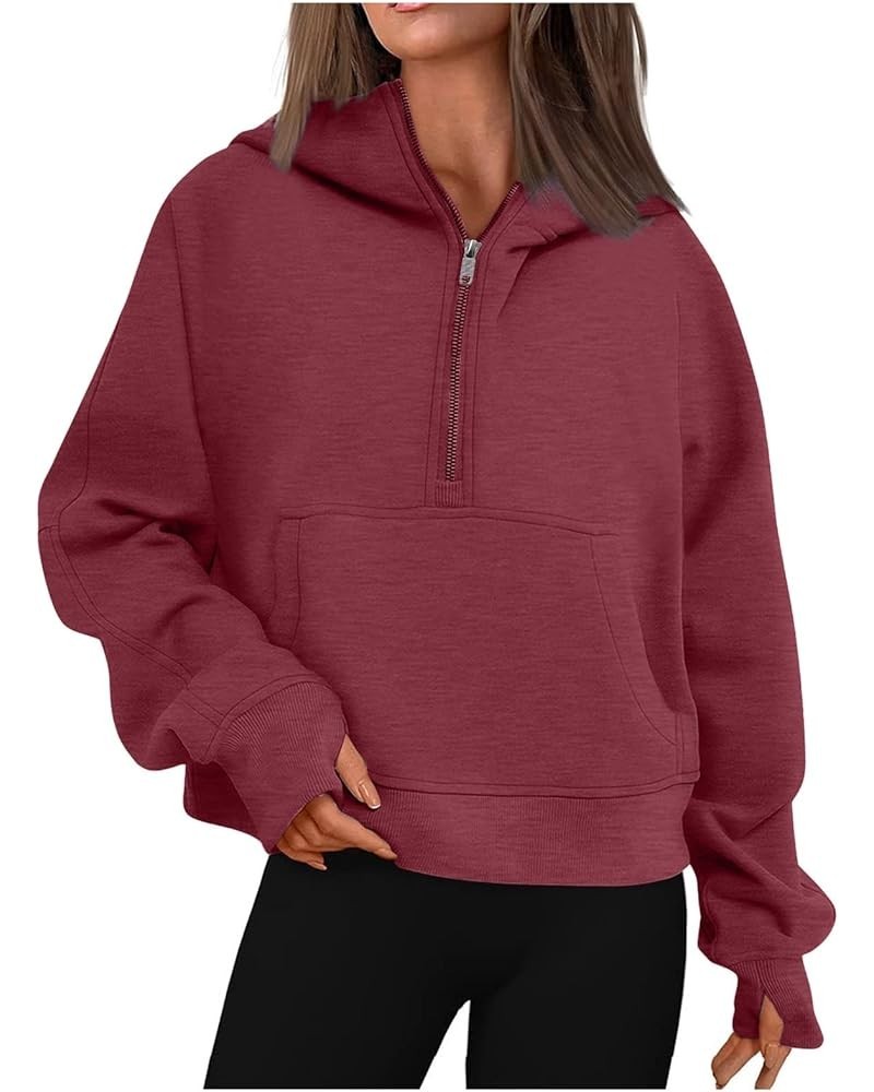 Womens Quarter/Full Zipper Sweatshirt Long Sleeve Cropped Pullover Jackets With Thumb Hole Fall Clothes C Wine $7.47 Hoodies ...