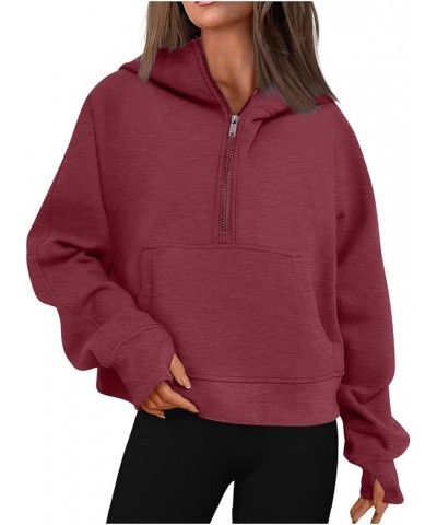 Womens Quarter/Full Zipper Sweatshirt Long Sleeve Cropped Pullover Jackets With Thumb Hole Fall Clothes C Wine $7.47 Hoodies ...