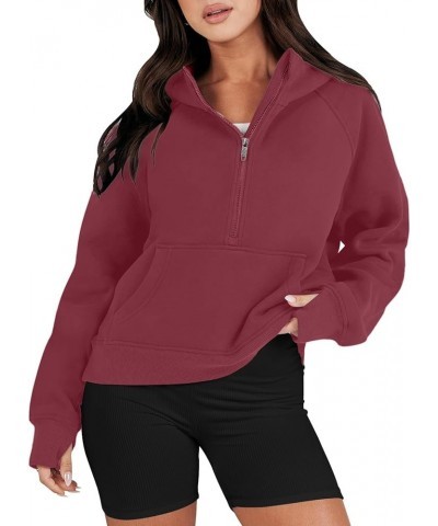 Womens Quarter/Full Zipper Sweatshirt Long Sleeve Cropped Pullover Jackets With Thumb Hole Fall Clothes C Wine $7.47 Hoodies ...