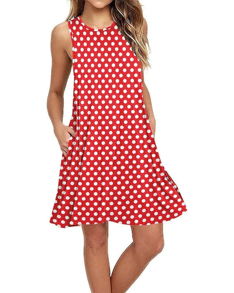 Women Summer Casual Swing T Shirt Dresses Beach Cover up Plain Tank Dress with Pockets Polka Dot Red White $15.89 Dresses