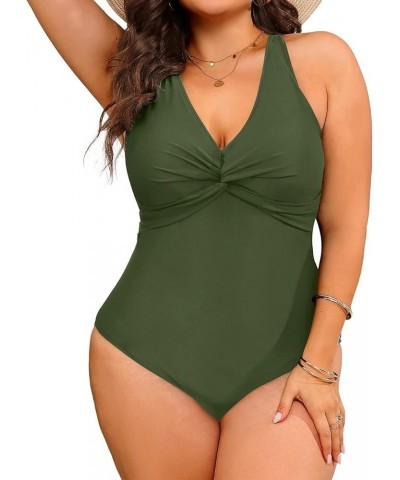 Women Plus Size One Piece Swimsuits V Neck Tummy Control Bathing Suits Front Cross Swimwear Army Green $16.79 Swimsuits