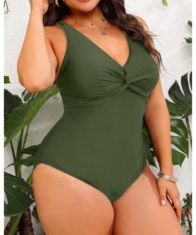 Women Plus Size One Piece Swimsuits V Neck Tummy Control Bathing Suits Front Cross Swimwear Army Green $16.79 Swimsuits