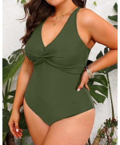 Women Plus Size One Piece Swimsuits V Neck Tummy Control Bathing Suits Front Cross Swimwear Army Green $16.79 Swimsuits