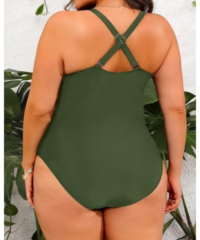 Women Plus Size One Piece Swimsuits V Neck Tummy Control Bathing Suits Front Cross Swimwear Army Green $16.79 Swimsuits