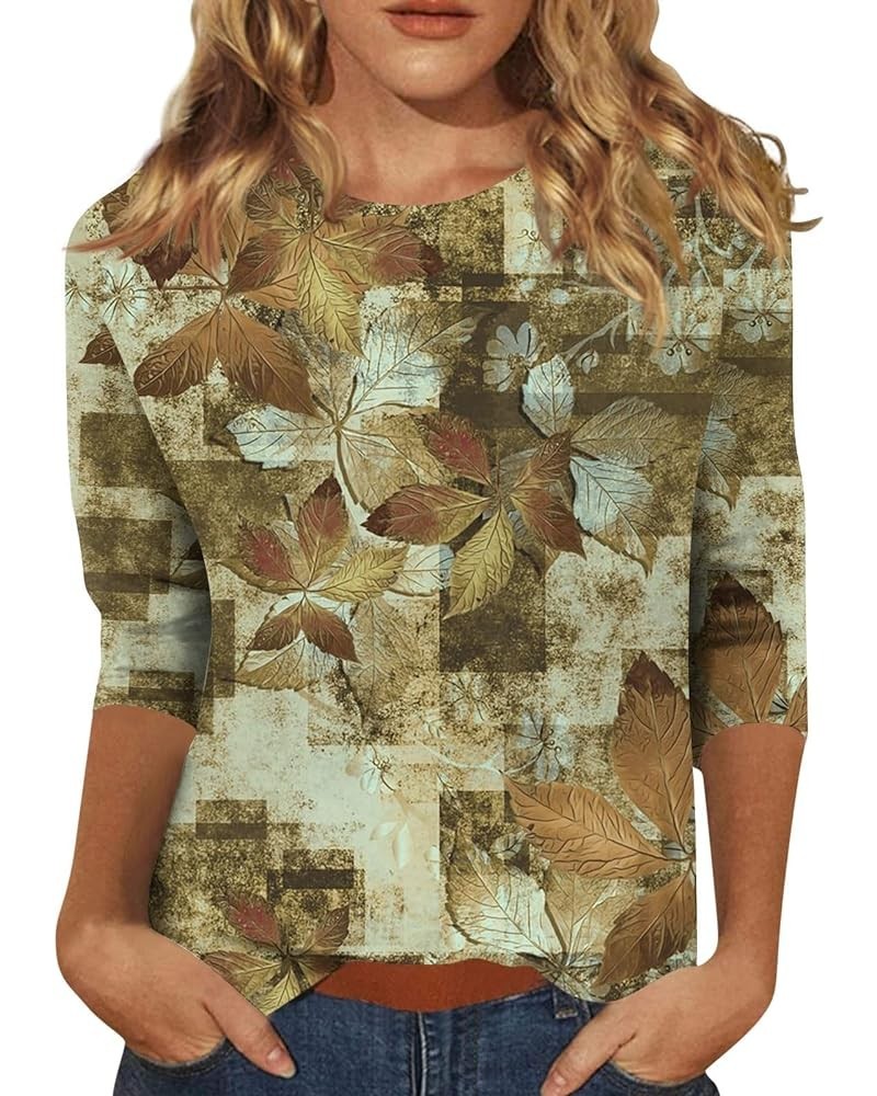 3/4 Sleeve Tops for Women Casual Floral Print Spring Tops Crewneck Basic Tees Tunic Tops to Wear with Leggings 03-army Green ...