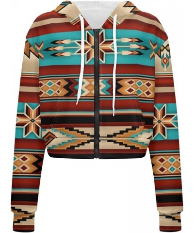 Women Zip Up Hoodie Jacket Sweatshirt Casual Long Sleeve Crop Pullover Top Shirt Drawstring Streetwear Southwest Aztec $13.86...