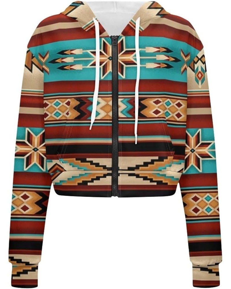 Women Zip Up Hoodie Jacket Sweatshirt Casual Long Sleeve Crop Pullover Top Shirt Drawstring Streetwear Southwest Aztec $13.86...