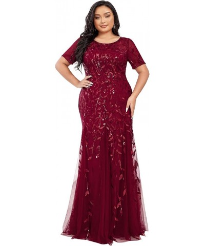 Women's Plus Size Floral Sequin Embroidery Mermaid Tulle Evening Party Wedding Guest Dress 77071 Burgundy $45.57 Dresses