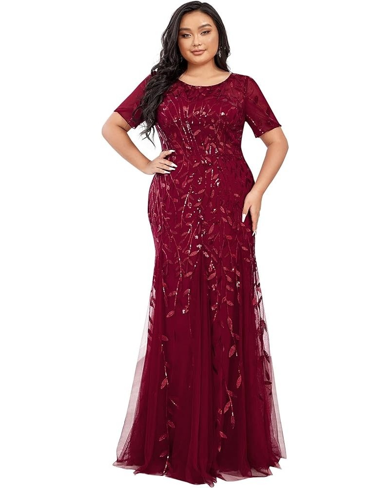 Women's Plus Size Floral Sequin Embroidery Mermaid Tulle Evening Party Wedding Guest Dress 77071 Burgundy $45.57 Dresses