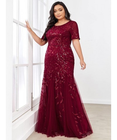 Women's Plus Size Floral Sequin Embroidery Mermaid Tulle Evening Party Wedding Guest Dress 77071 Burgundy $45.57 Dresses