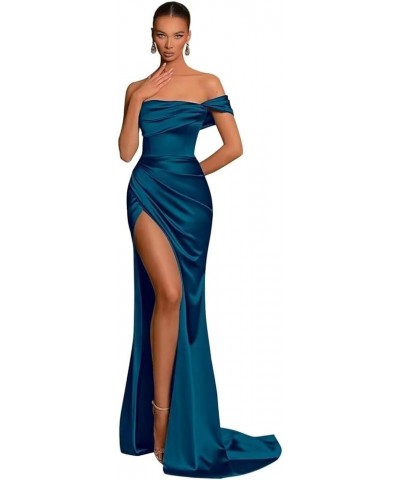 Satin Bridesmaid Dresses for Women Long Off Shoulder Mermaid Prom Dress Corset Formal Gown with Slit Peacock $35.09 Dresses