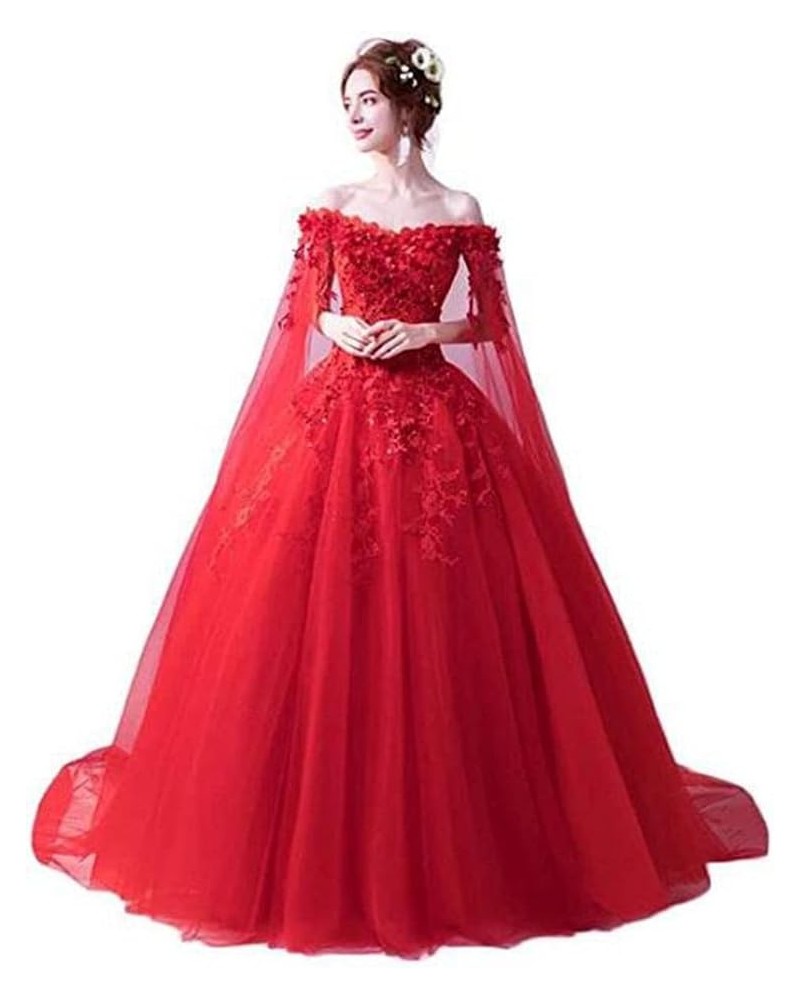 Women's Off Shoulder 3D Flowers Long Prom Dresses with Cape Photography Wedding Dresses Red $35.66 Dresses