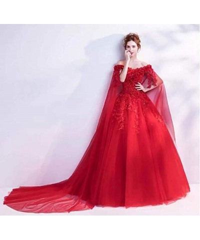 Women's Off Shoulder 3D Flowers Long Prom Dresses with Cape Photography Wedding Dresses Red $35.66 Dresses