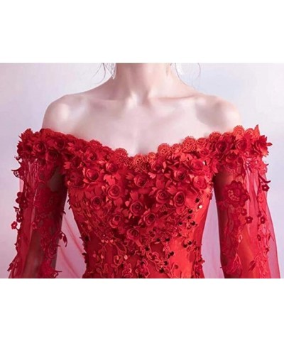 Women's Off Shoulder 3D Flowers Long Prom Dresses with Cape Photography Wedding Dresses Red $35.66 Dresses