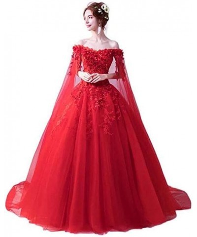 Women's Off Shoulder 3D Flowers Long Prom Dresses with Cape Photography Wedding Dresses Red $35.66 Dresses