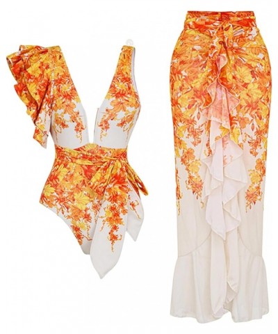 Women's One Piece Swimsuit with Beach Cover up Wrap Skirt Sarong Retro Floral Print Two Piece Bathing Suit 25024-orange Set $...