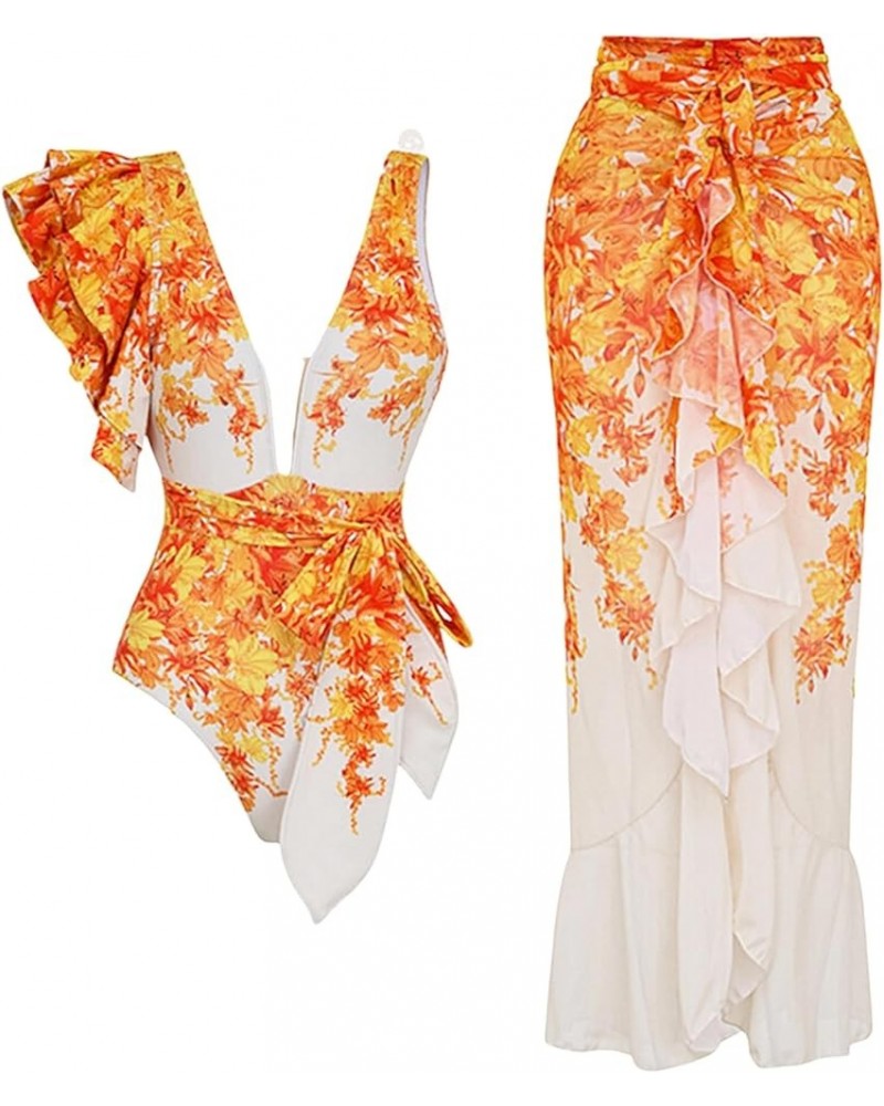 Women's One Piece Swimsuit with Beach Cover up Wrap Skirt Sarong Retro Floral Print Two Piece Bathing Suit 25024-orange Set $...