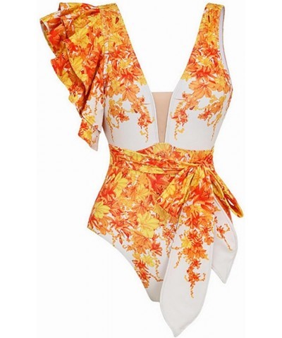 Women's One Piece Swimsuit with Beach Cover up Wrap Skirt Sarong Retro Floral Print Two Piece Bathing Suit 25024-orange Set $...