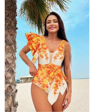 Women's One Piece Swimsuit with Beach Cover up Wrap Skirt Sarong Retro Floral Print Two Piece Bathing Suit 25024-orange Set $...