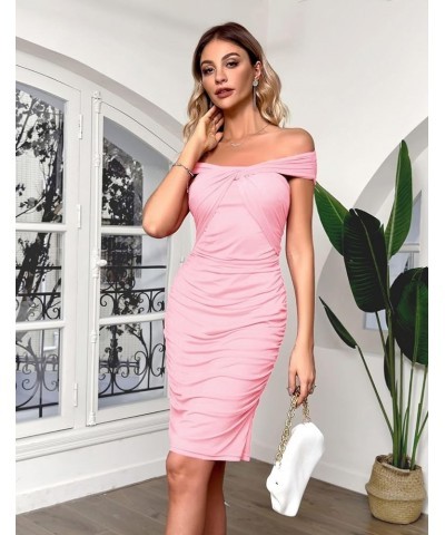 2024 Women's Off Shoulder Dress Ruched Bodycon Twist Front Dress Sleeveless Party Club Midi Dresses Light Pink $30.59 Dresses