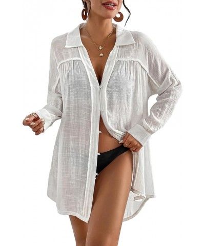 Long Sleeve Cover Up Oversized White Button Down Shirt Women Black Coverup White $17.15 Swimsuits