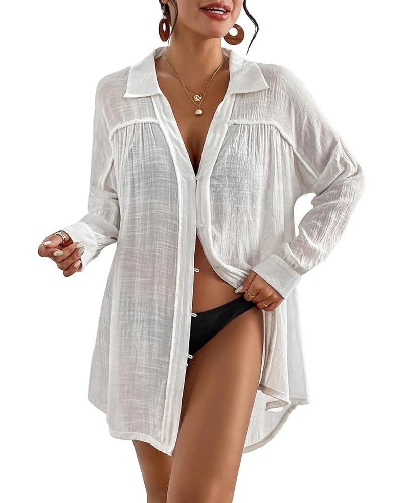 Long Sleeve Cover Up Oversized White Button Down Shirt Women Black Coverup White $17.15 Swimsuits