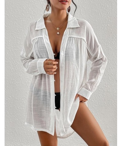 Long Sleeve Cover Up Oversized White Button Down Shirt Women Black Coverup White $17.15 Swimsuits