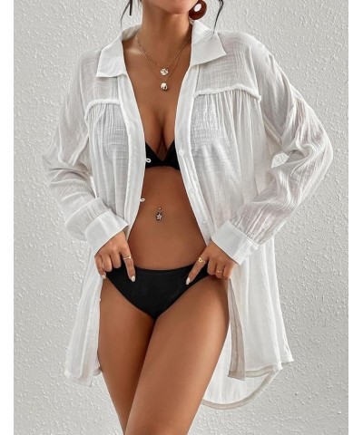 Long Sleeve Cover Up Oversized White Button Down Shirt Women Black Coverup White $17.15 Swimsuits