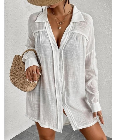 Long Sleeve Cover Up Oversized White Button Down Shirt Women Black Coverup White $17.15 Swimsuits